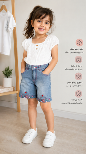 شلوارک جین دخترانه بچگانه گلدوزی شده