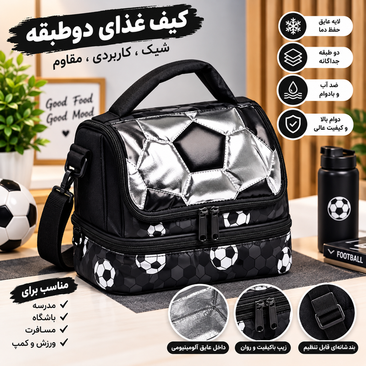 کیف غذا دو طبقه پسرانه مدل توپ فوتبال نقره ای